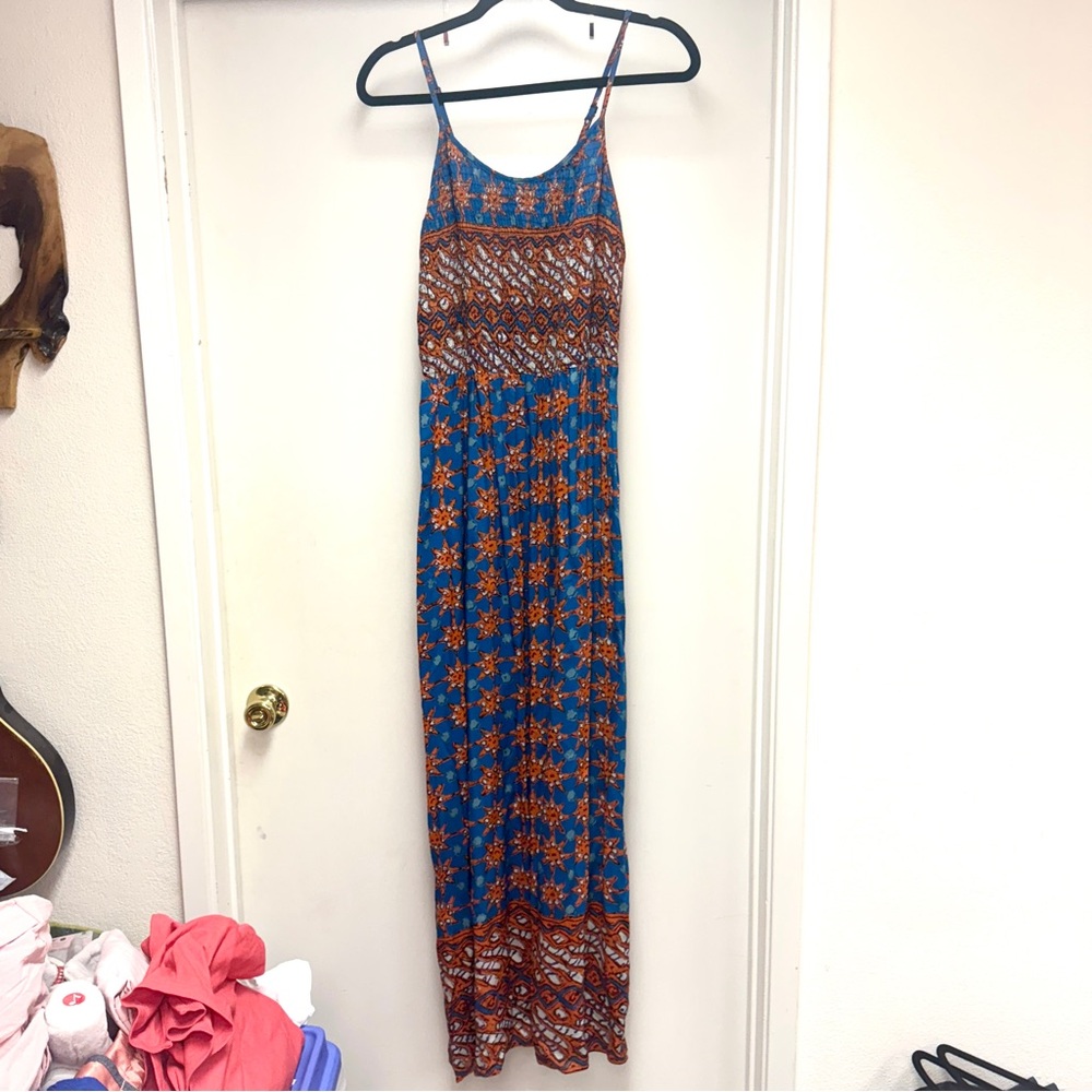 Angie spaghetti strap smocked boho maxi sundress blue orange size L